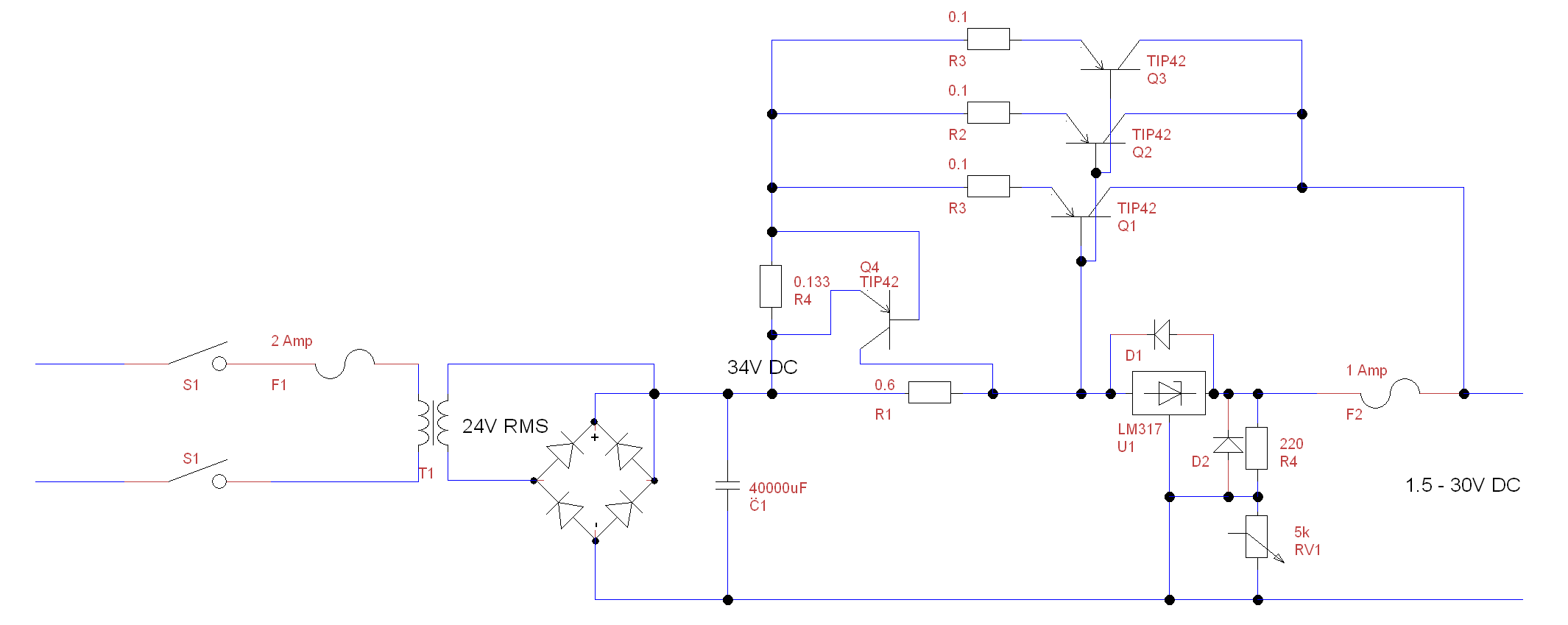 Lm317 0 30v variable power supply circuit diagram.